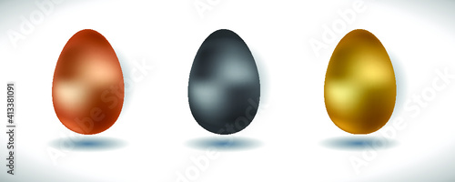 Easter eggs colorful metallic set: silver, gold, bronze. Easter-egg hunt symbol on white background. Vector illustration