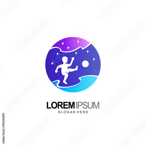 kid logo play football in dream and star template
