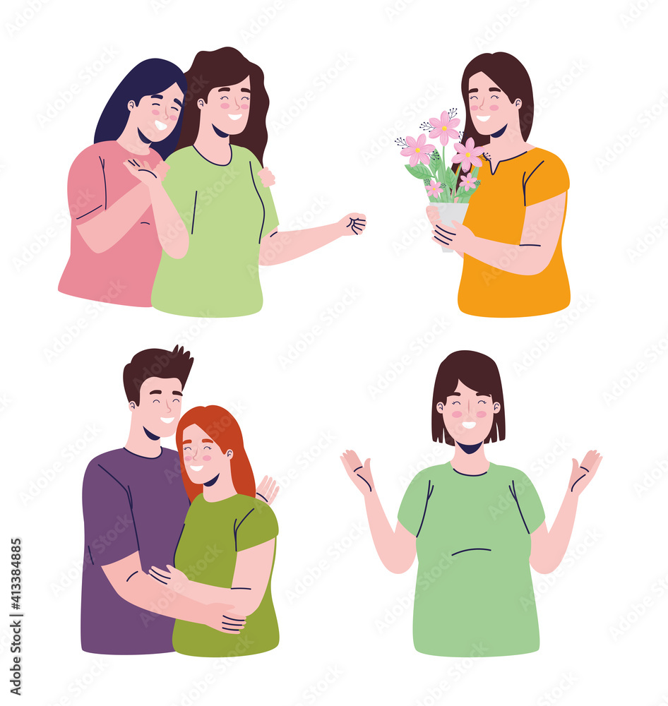 group of young people with spring flowers and couple vector illustration design group of young people with spring flowers and couple vector illustration design