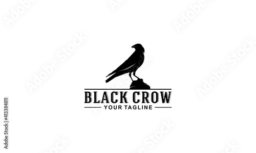 black crow logo with illustration of a crow on a rock observing something