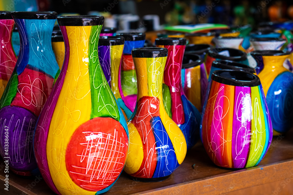 Beautiful traditional handicrafts of the small town of Raquira in Colombia. The City of Pots.
