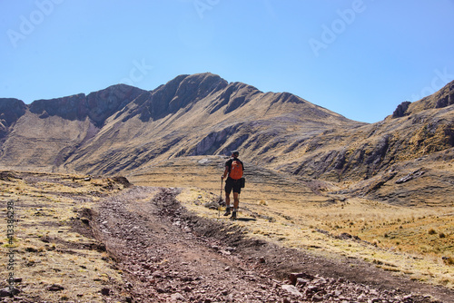 Trekking part of the original Inca Trail to the ruins of Huchuy Qosqo, Sacred Valley, Peru