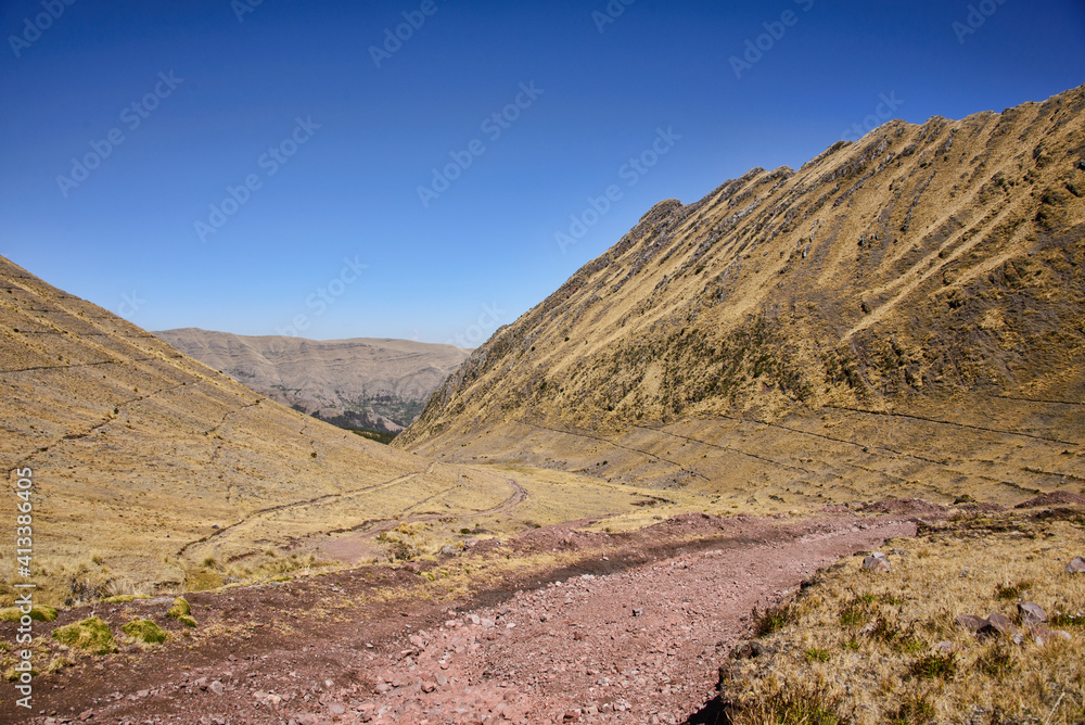 Beautiful landscape of the original Inca Trail to the ruins of Huchuy Qosqo, Sacred Valley, Peru