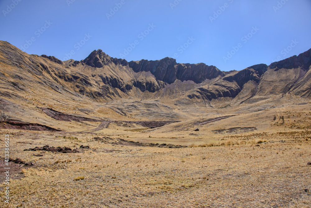 Beautiful landscape of the original Inca Trail to the ruins of Huchuy Qosqo, Sacred Valley, Peru