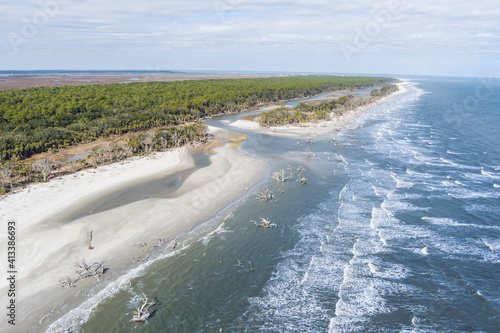 Billede på lærred Aerial view of Hunting Island State Park with driftwood along the shore