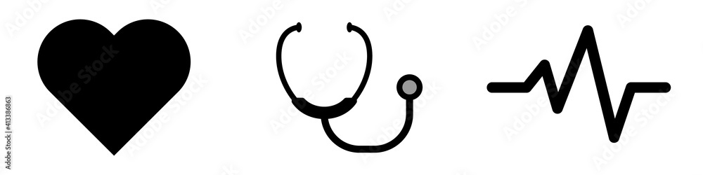 Vector set of heart, stethoscope, heartbeat. A set of symbols for medicine. Vector icons in a flat style. Vector illustration. Vector set of heart, stethoscope, heartbeat. A set of symbols for medicine. Vector icons in a flat style. Vector illustration.