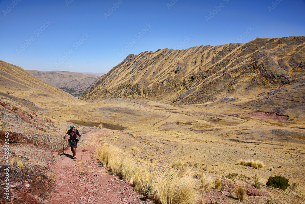 Trekking part of the original Inca Trail to the ruins of Huchuy Qosqo, Sacred Valley, Peru