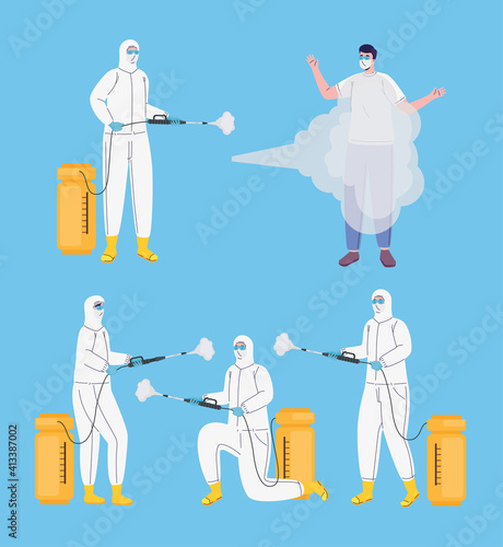 bundle of workers wearing biohazard suits disinfecting vector illustration design