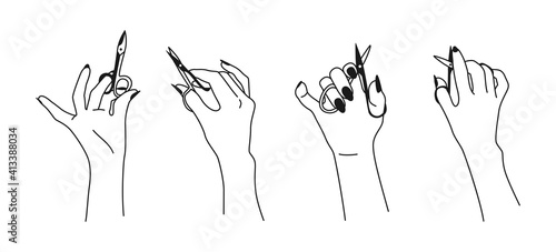 Female manicured hand with nail scissors black line set. Hands nail design. Flat contour spa manicure accessories, equipment tools. Different nations Spa beauty trendy concept vector illustration