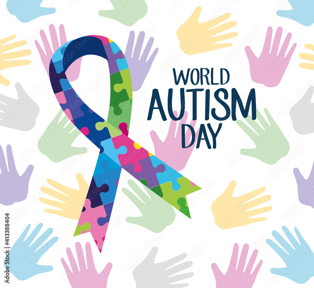 Fototapeta premium world autism day lettering with ribbon campaign and puzzle pieces vector illustration design