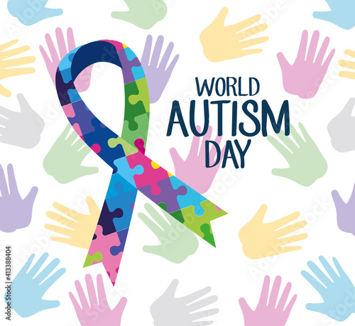world autism day lettering with ribbon campaign and puzzle pieces vector illustration design