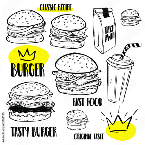 Hand drawn sketches of a burger set. Take away food.