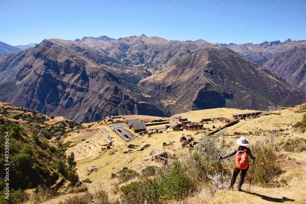View of the remote Inca ruins of Huchuy Qosqo (