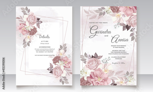 Brown wedding invitation template set with floral frame Premium Vector photo