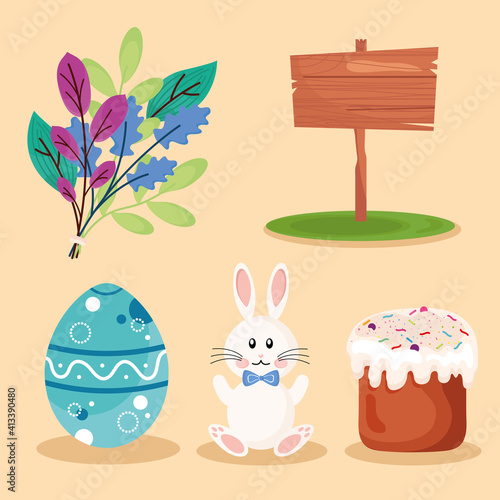 bundle of five happy easter set icons vector illustration design