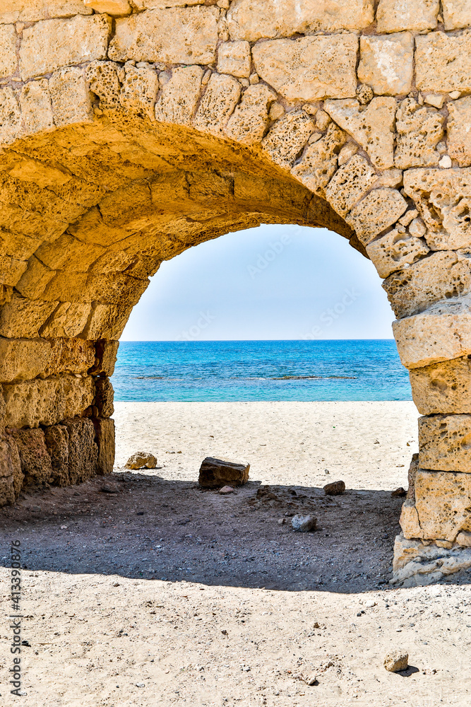 Israel, Plain of Sharon. Caesarea Maritima, Roman aqueduct that brought water from Mount Carmel to Caesarea.