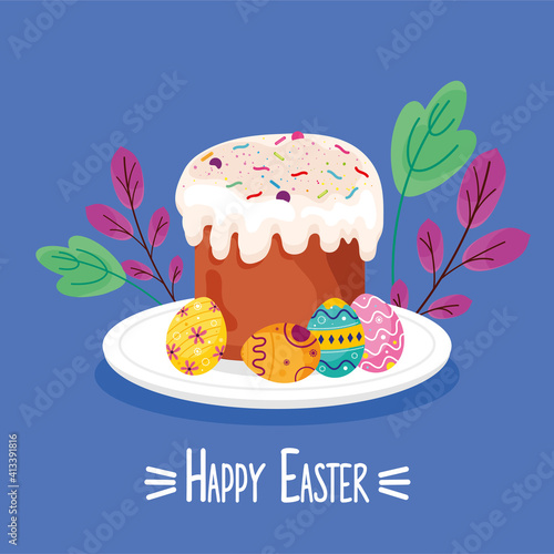 happy easter lettering card with sweet cupcake and eggs painted in dish vector illustration design