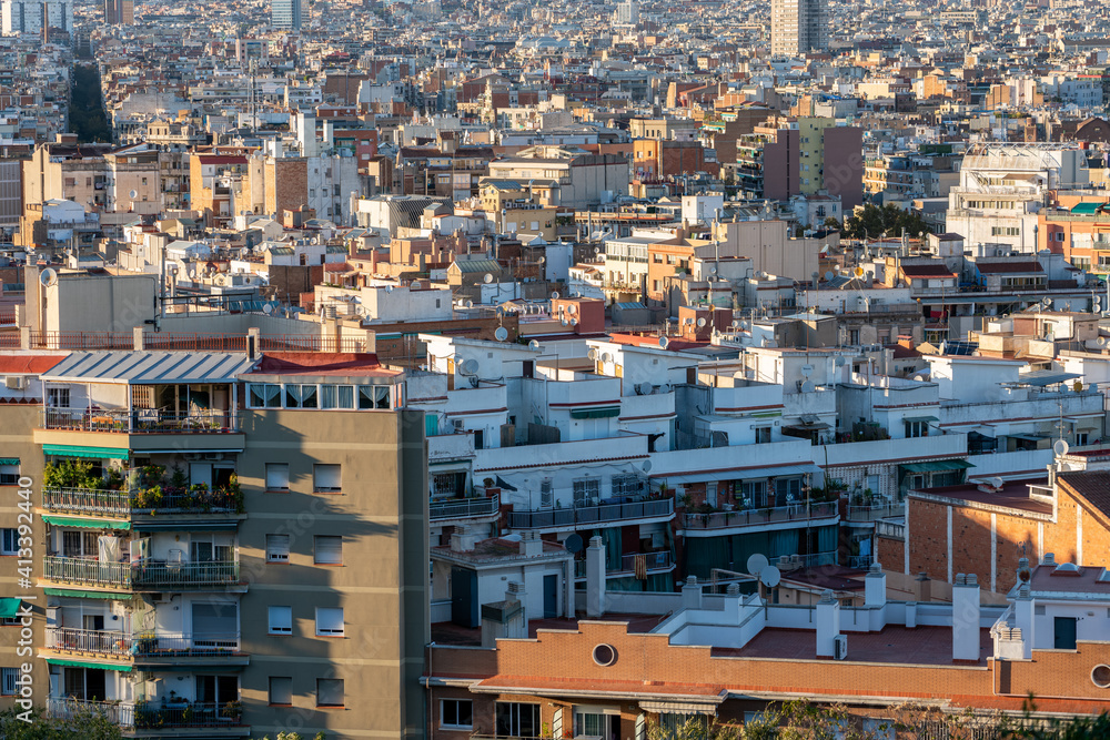 Panoramic view of Barcelona city on sunny day 