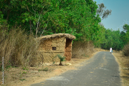 Selective Focus, A small hut made of mud and straw, under a green acacia tree along a pitch road