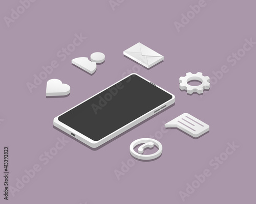 Smartphone use concept. Isometric vector illustration. Surfing social media, phone call and message. 