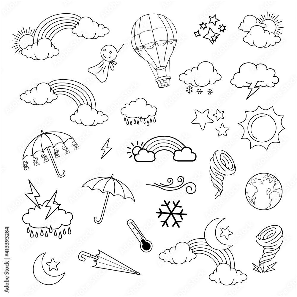 Obraz premium weather doodle vector set illustration with hand draw line art style vector, star, sun