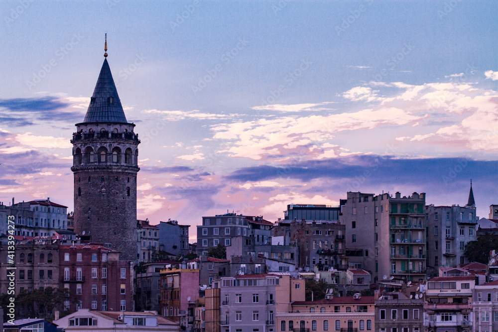 Turkey, Istanbul. Galata Tower at sunset.