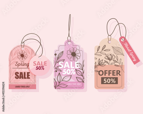 sale spring season deals tags hanging in pink background vector illustration design