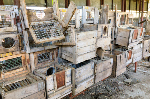 Ukraine, Pripyat, Chernobyl. Crates used in animal research on minks.