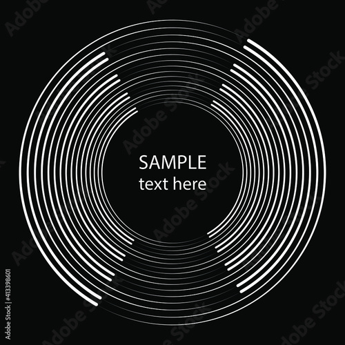 Abstract white speed lines in round form. Vector illustration. Design element for technology round logo, striped border frame, blackout tattoo, prints, monochrome pattern and abstract background