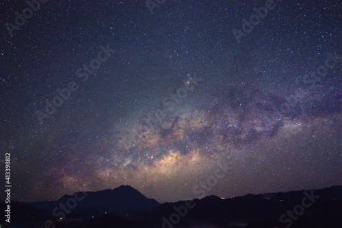 Clearly milky way galaxy at night. Image contains noise and grain due to high ISO. Image also contains soft focus and blur due to long exposure and wide aperture. © Adanan