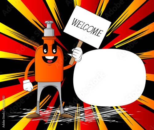 Cartoon bottle of hand sanitizer gel for hygiene with face holding a banner with welcome text.