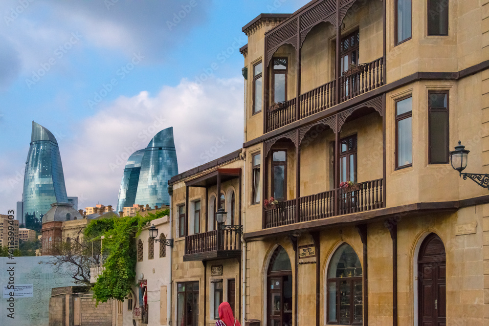 Old houses in the Inner City of Baku with Flaming Towers, Azerbaijan