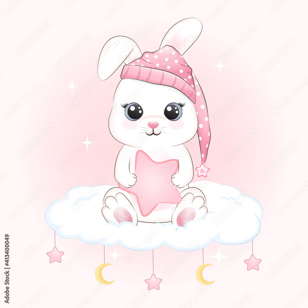 Cute Little Rabbit on the cloud hand drawn cartoon animal watercolor illustration Cute Little Rabbit on the cloud hand drawn cartoon animal watercolor illustration