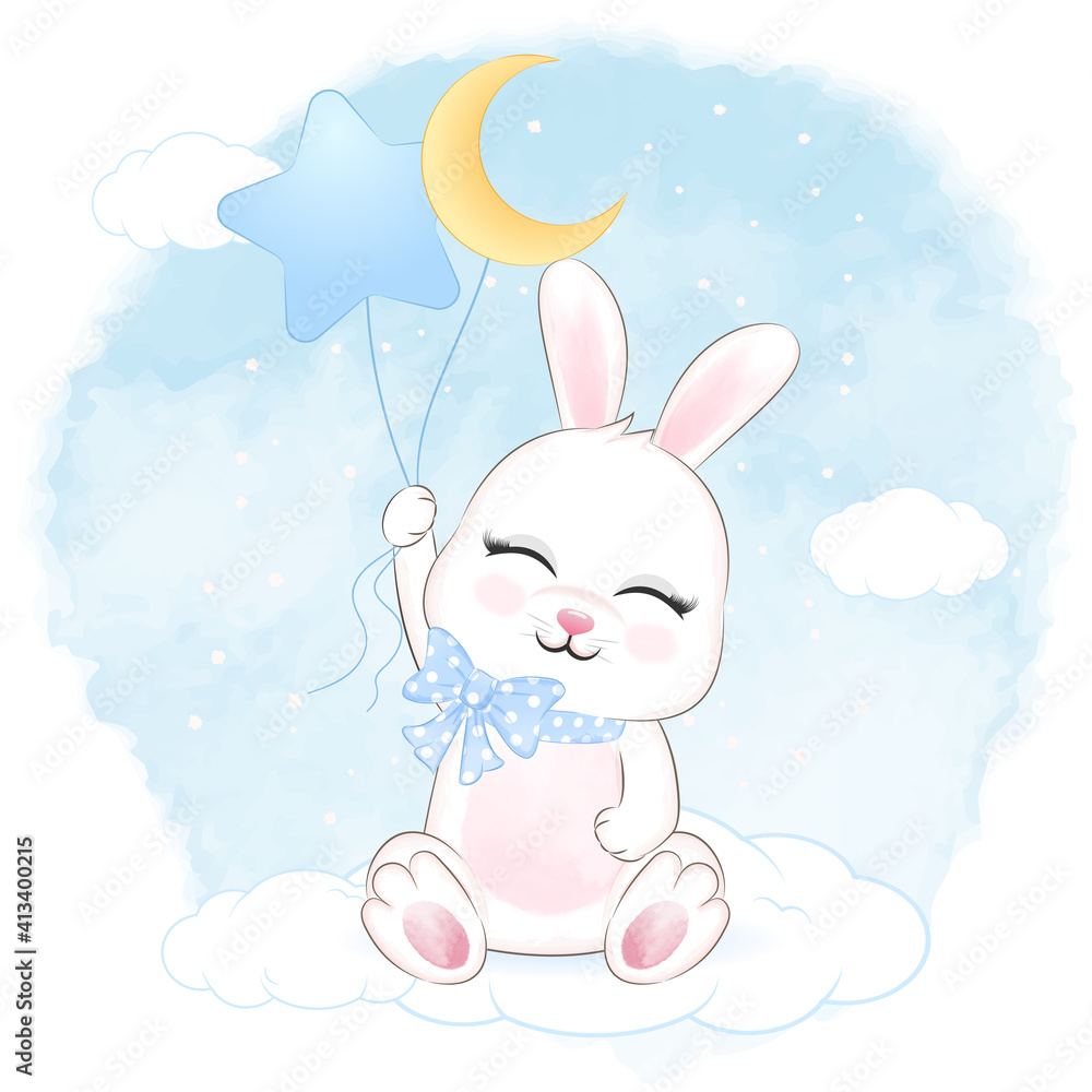 Cute Bunny holding and balloons on the cloud hand drawn cartoon animal illustration Cute Bunny holding and balloons on the cloud hand drawn cartoon animal illustration
