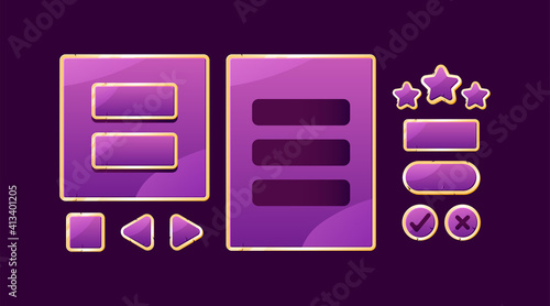 set of golden purple game ui board pop up and button for gui asset elements vector illustration