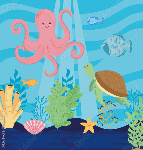 underwater world with octopus seascape scene vector illustration design