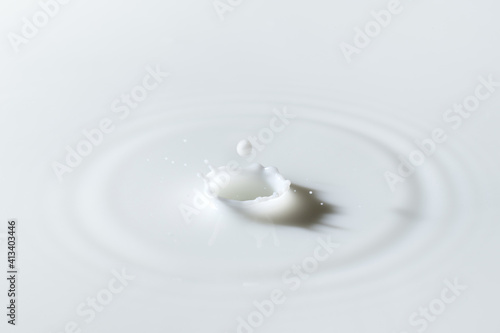 Fresh milk drop splashing in a milk pool With circle ripples.  milk drop isolated on white background.