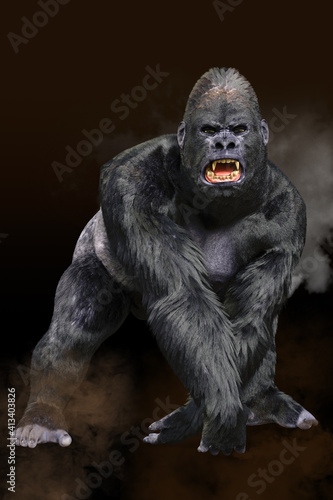 黒い毛並みの巨大な雄ゴリラが両手を地面につき土煙が舞う中で険しい表情で威嚇をする Stock Illustration Adobe Stock