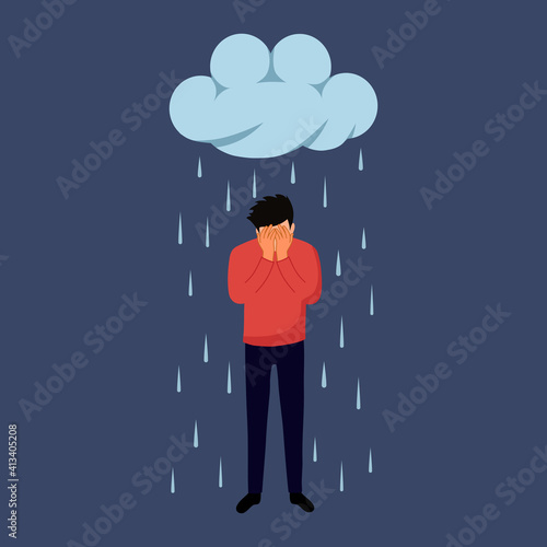 Man cover his face by hands and crying under falling rain in flat design. Depression disorder, sad, sorrow, disappointment symptom. Psychological therapy and treatment. 