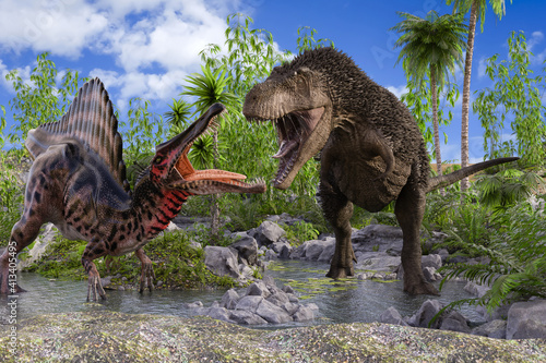 スピノサウルスと毛の生えたティラノサウルスが植物が生い茂る水辺で対峙しにらみ合い縄張り争いをする © iARTS_stock