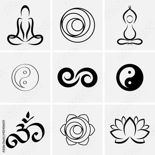 Yoga symbols. Oriental design element. Hand drawn set icon. Doodle vector stock illustration. EPS 10