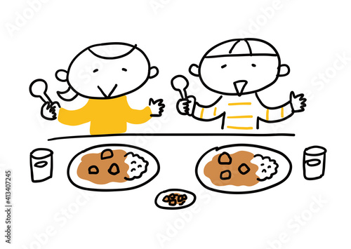 カレーを食べる男の子と女の子