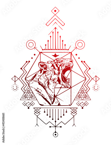 Angry tiger head in profile. The grin of a tiger. Sacred geometry. T-shirt print. Detailed drawing of a tiger.
