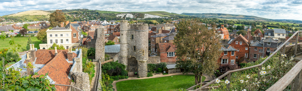 Panorama of Norman Lewes Castle conservation area at Wallands Park, East Sussex county town with city landscape in background.
