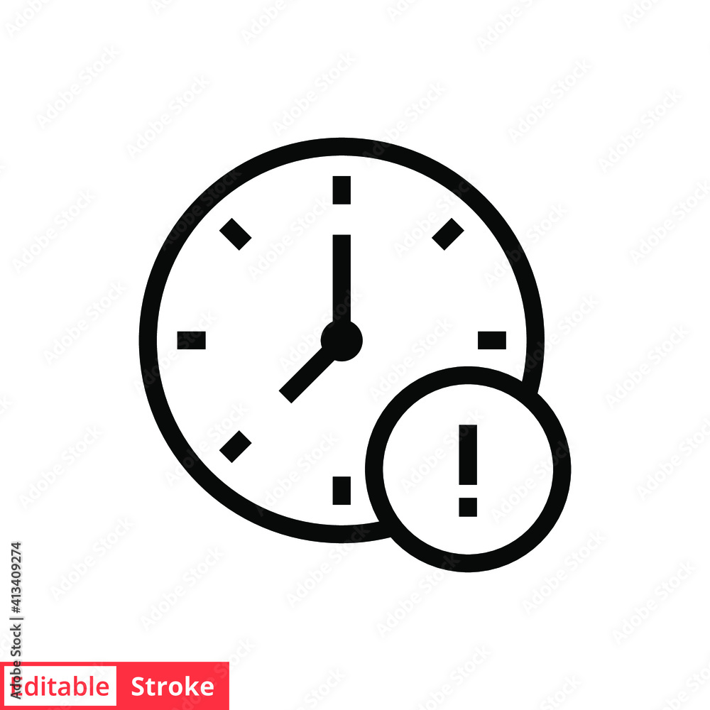 Expiry line icon. Simple outline style for web and app. Alert, alarm, clock circular with exclamation mark concept. Vector illustration isolated on white background. Editable stroke EPS 10 Expiry line icon. Simple outline style for web and app. Alert, alarm, clock circular with exclamation mark concept. Vector illustration isolated on white background. Editable stroke EPS 10