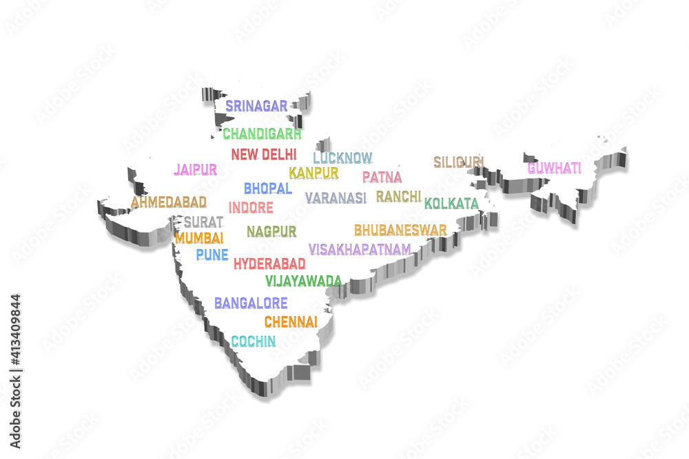 3d India map showing major cities in the country