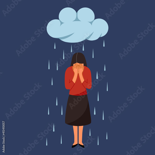 Woman cover her face by hands and crying under falling rain in flat design. Depression disorder, sad, sorrow, disappointment symptom. Psychological therapy and treatment.