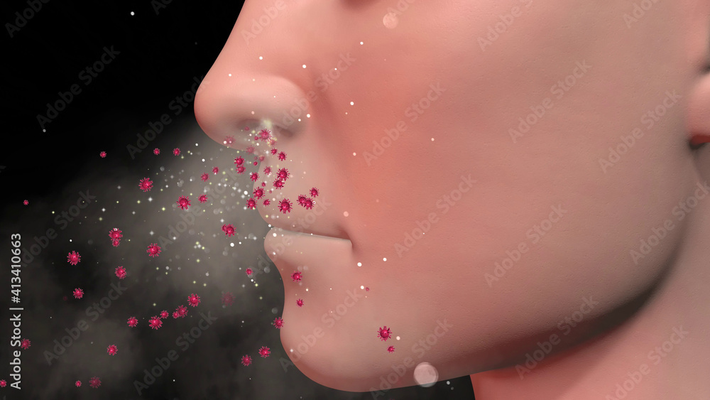 Human nose exhaling particles , bioaerosols , viruses and germs. Microbes exiting nasal passage of person. 3d  render illustration - obrazy, fototapety, plakaty 