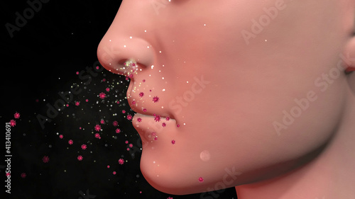 Human nose inhaling particles , bioaerosols , viruses and germs. Microbes exiting nasal passage of person. 3d render illustration