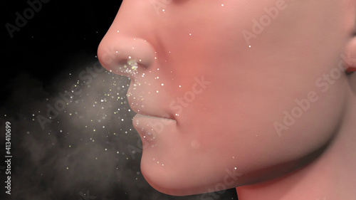 Human nose inhaling particles , bioaerosols. Scent molecules entering nasal passage of person. 3d render illustration photo